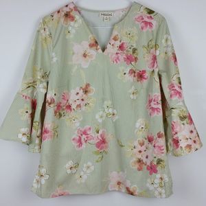 MESSINI Blouse Floral Top Women’s Size Small Bell 3/4 Sleeves Green Pink Stripe